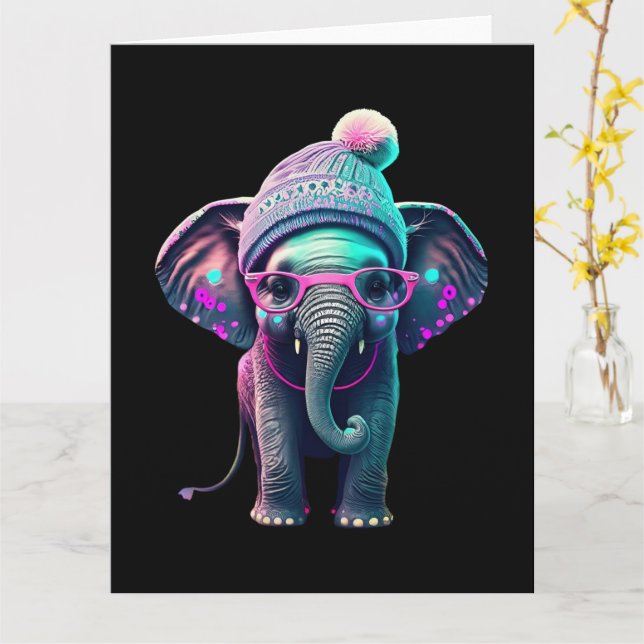 Cute Baby Elephant with Beanie and Pink Glasses Card (Yellow Flower)