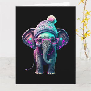 Cute Baby Elephant with Beanie and Pink Glasses Card