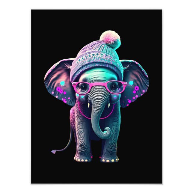 Cute Baby Elephant with Beanie and Pink Glasses Photo Print (Front)