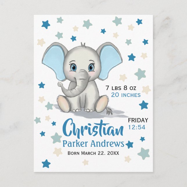Cute Baby Elephant with Blue Ears Boy Birth Stats Announcement Postcard (Front)