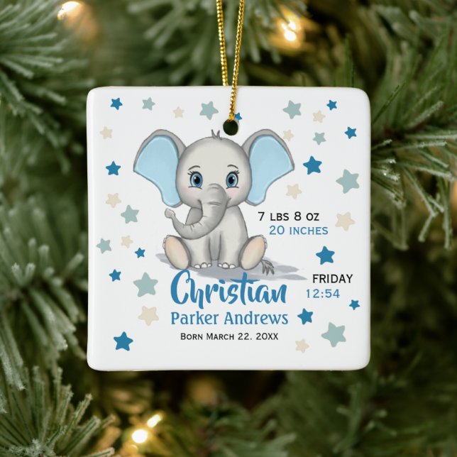 Cute Baby Elephant with Blue Ears Boy Birth Stats Ceramic Ornament (Tree)