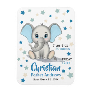 Cute Baby Elephant with Blue Ears Boy Birth Stats Magnet