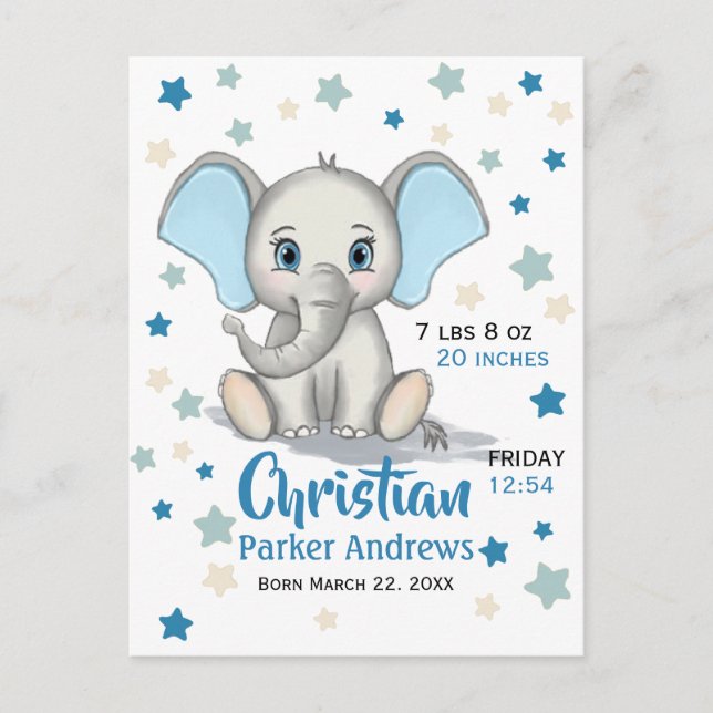 Cute Baby Elephant with Blue Ears Boy Birth Stats Postcard (Front)