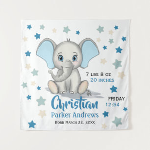 Cute Baby Elephant with Blue Ears Boy Birth Stats Tapestry