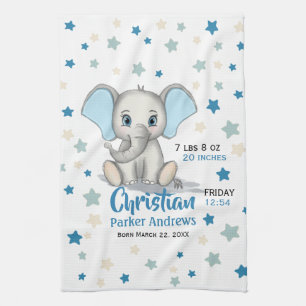 Cute Baby Elephant with Blue Ears Boy Birth Stats Tea Towel
