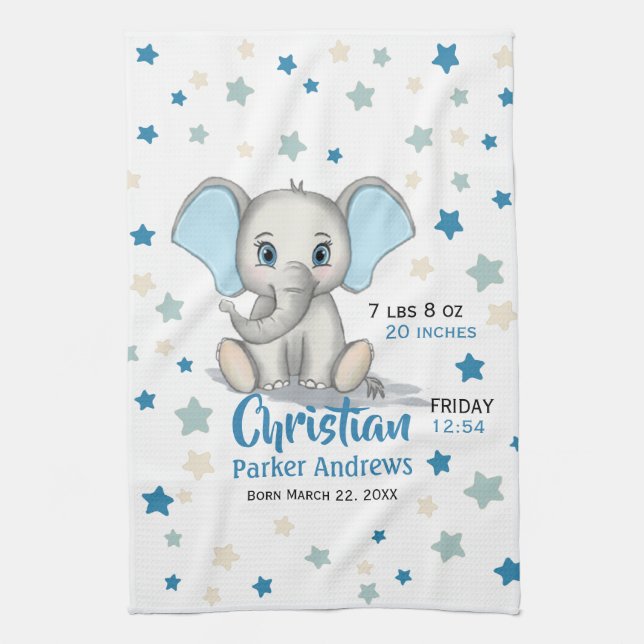 Cute Baby Elephant with Blue Ears Boy Birth Stats Tea Towel (Vertical)