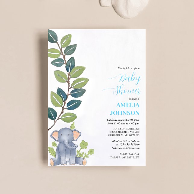 cute baby elephant with eucalyptus baby shower  invitation (Creator Uploaded)
