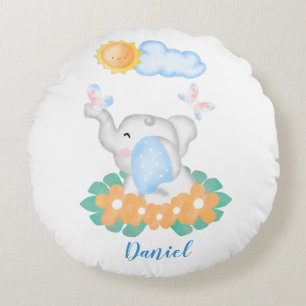 Cute Baby Elephant with flowers Round Cushion