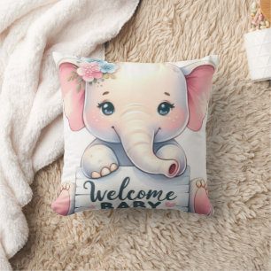 Cute Baby Elephant with Flowers Welcome Baby Art Cushion