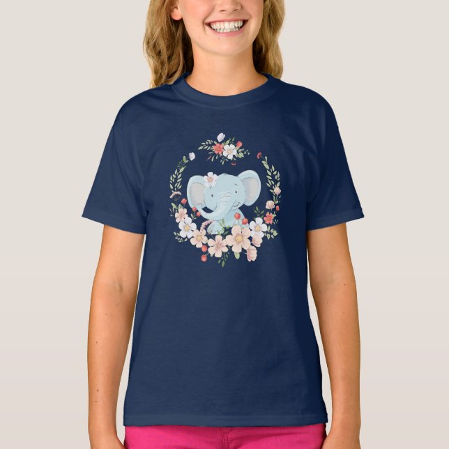 Cute baby elephant with flowers wreath T-Shirt (Front)