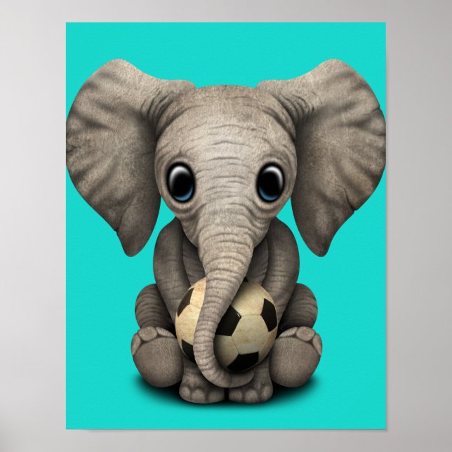 Cute Baby Elephant With Football Soccer Ball Poster (Front)