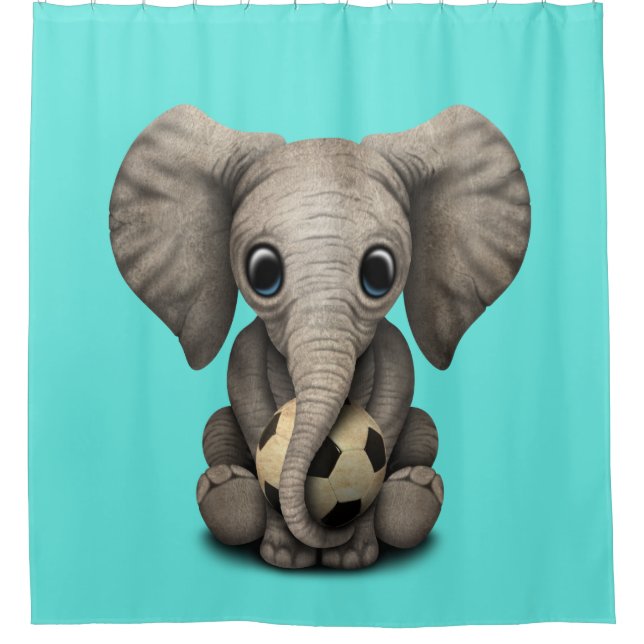 Cute Baby Elephant With Football Soccer Ball Shower Curtain (Front)