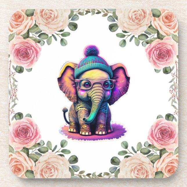 Cute Baby Elephant with Glasses and Beanie Coaster (Front)