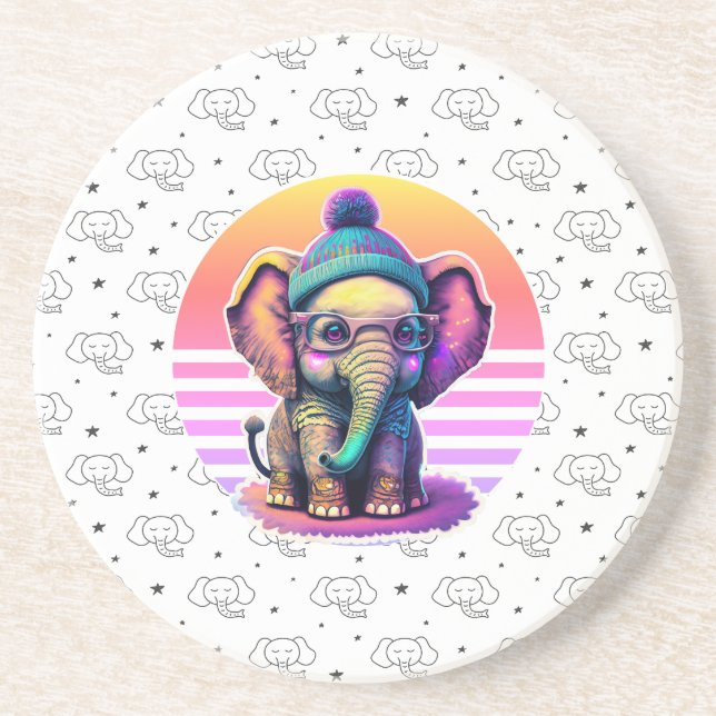Cute Baby Elephant with Glasses and Beanie Coaster (Front)