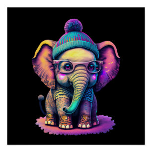 Cute Baby Elephant with Glasses and Beanie Poster