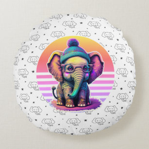 Cute Baby Elephant with Glasses and Beanie Round Cushion