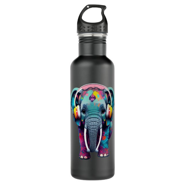 Cute Baby Elephant with Headphones 710 Ml Water Bottle (Front)