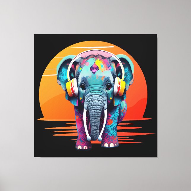 Cute Baby Elephant with Headphones Canvas Print (Front)