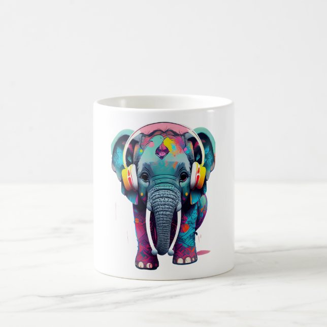 Cute Baby Elephant with Headphones Coffee Mug (Center)