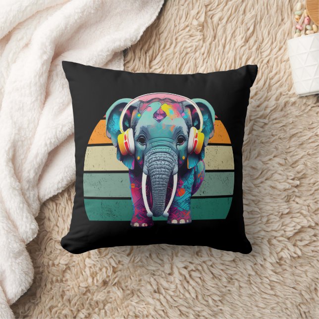 Cute Baby Elephant with Headphones Cushion (Blanket)