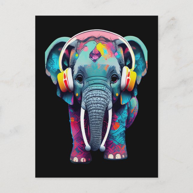 Cute Baby Elephant with Headphones Postcard (Front)