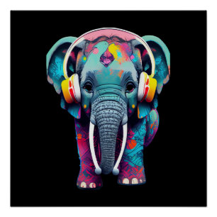 Cute Baby Elephant with Headphones Poster