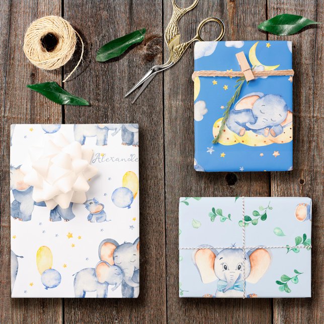 Cute Baby Elephant with Mommy Watercolor Boy Wrapping Paper Sheet (Creator Uploaded)