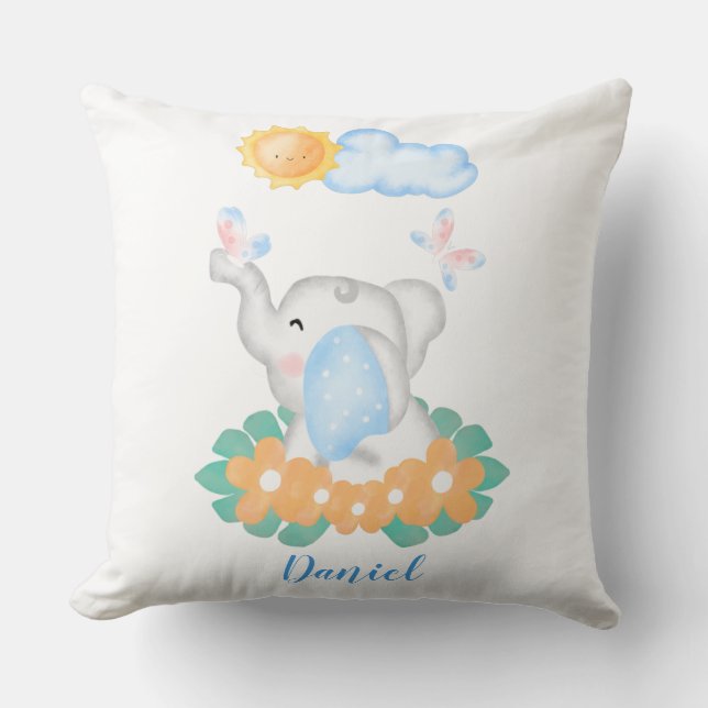 Cute Baby Elephant with orange flowers  Cushion (Front)