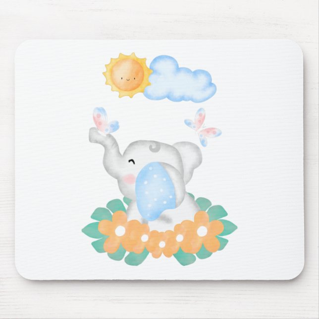Cute Baby Elephant with orange flowers Mouse Mat (Front)