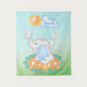 Cute Baby Elephant with orange flowers Tapestry