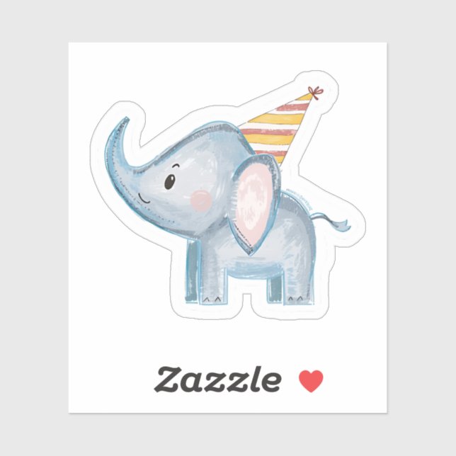 Cute Baby Elephant with Party Hat Birthday Sticker (Sheet)