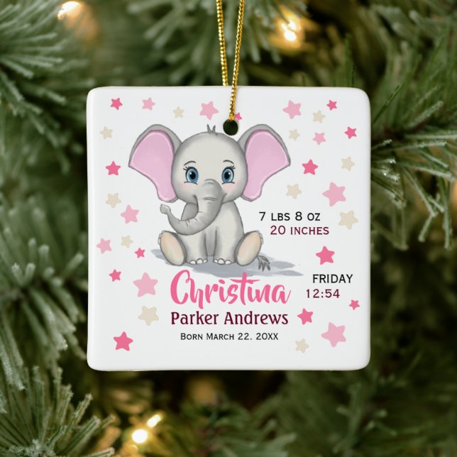 Cute Baby Elephant with Pink Ears Girl Birth Stats Ceramic Ornament (Tree)