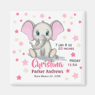 Cute Baby Elephant with Pink Ears Girl Birth Stats Magnet