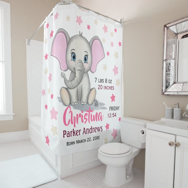 Cute Baby Elephant with Pink Ears Girl Birth Stats Shower Curtain (In Situ)