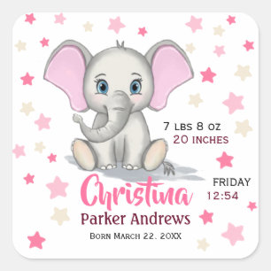 Cute Baby Elephant with Pink Ears Girl Birth Stats Square Sticker