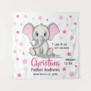 Cute Baby Elephant with Pink Ears Girl Birth Stats Tapestry