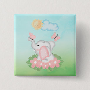Cute Baby Elephant with pink flowers  15 Cm Square Badge
