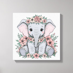Cute Baby Elephant with Pink Flowers Canvas Print