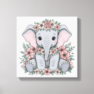 Cute Baby Elephant with Pink Flowers Canvas Print