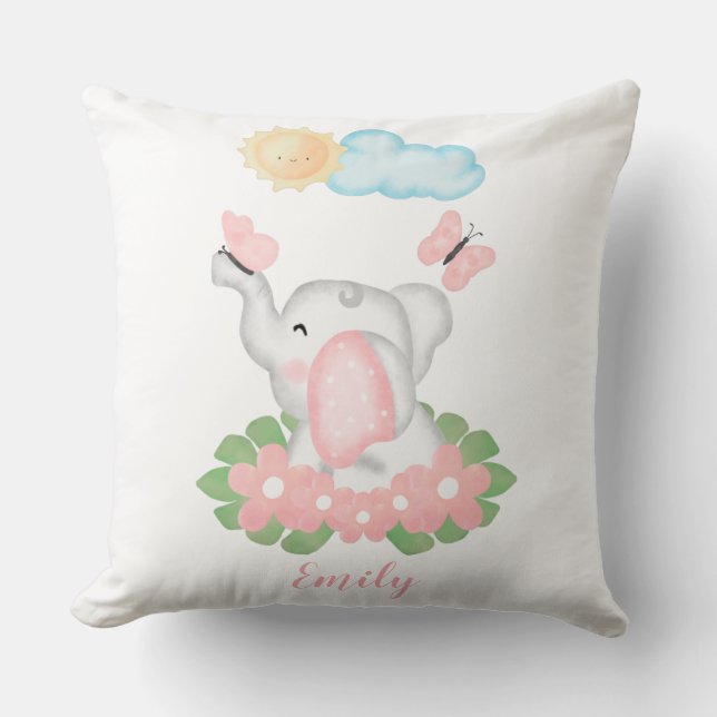 Cute Baby Elephant with pink flowers  Cushion (Front)