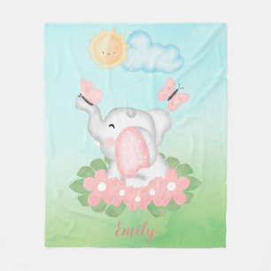 Cute Baby Elephant with pink flowers Fleece Blanket