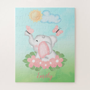 Cute Baby Elephant with pink flowers  Jigsaw Puzzle