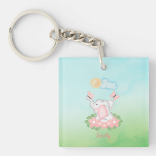 Cute Baby Elephant with pink flowers Key Ring