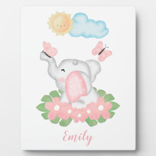 Cute Baby Elephant with pink flowers Plaque