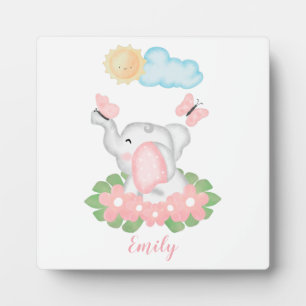 Cute Baby Elephant with pink flowers Plaque