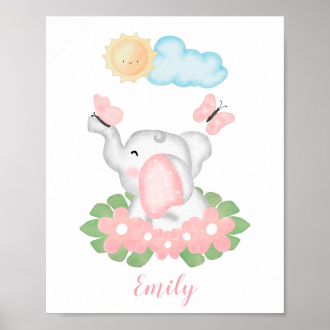 Cute Baby Elephant with pink flowers poster (Front)