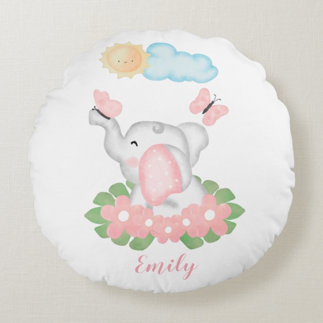 Cute Baby Elephant with pink flowers  Round Cushion (Front)