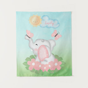 Cute Baby Elephant with pink flowers Tapestry