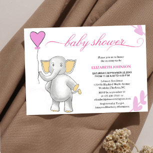cute baby elephant with pink heart baby shower invitation
