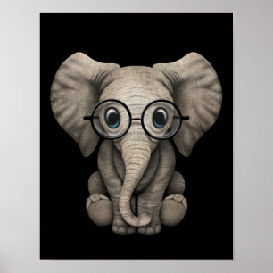 Cute Baby Elephant with Reading Glasses Black Poster